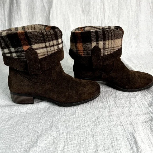 Suede Cowboy Chocolate Brown Boots Plaid Lined Women 5.5 Western Ranch Soft NOTE - Picture 7 of 16